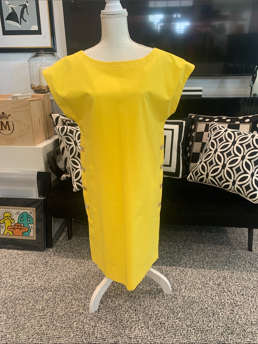 Piazza Sempione Bright Yellow Midi Shift Dress with Side Buttons